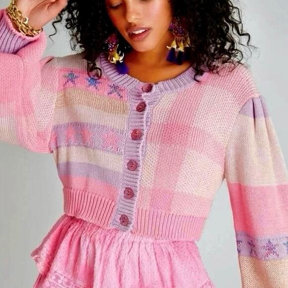 LoveShackFancy NWT Bedford Pink Purple Stripe Cotton Candy Cropped Cardigan M - Picture 1 of 12